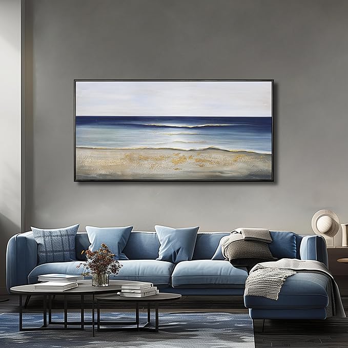 Yuaxker Ocean Wall Art Blue and White Wall Decor Framed Aesthetic Artwork Wall Hanging Canvas Painting for Living Room Bedroom Dining Room Office Home Decor 24x48 Inch