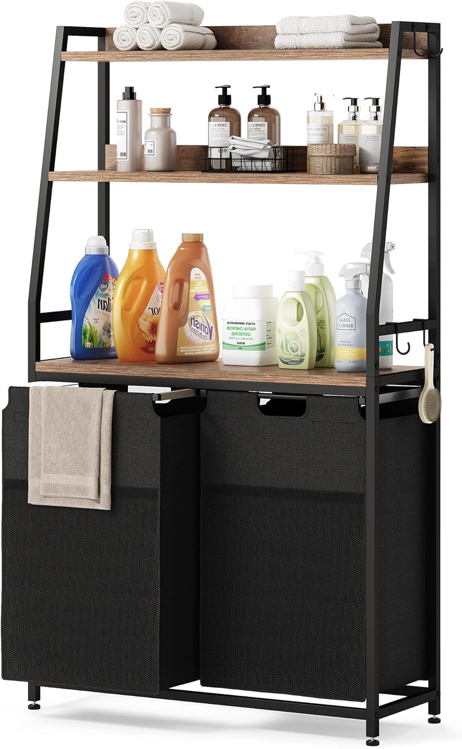Lulive Double Laundry Hamper with Shelf, Laundry Basket with 3 Tier Storage Shelves & 4 Removable Hooks, Tall Laundry Sorter Clothes Hamper with Pull-Out Bags for Bathroom, Laundry Room - NestledHome