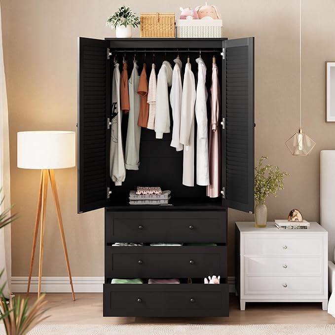 GarveeHome Armoire Wardrobe Closet with Drawers, 69.5 in Wooden Wardrobe Cabinet with Hanging Rod, 2 Doors Clothing Storage Cabinet for Bedroom, Large Capacity Storage, Louvered Door, Black