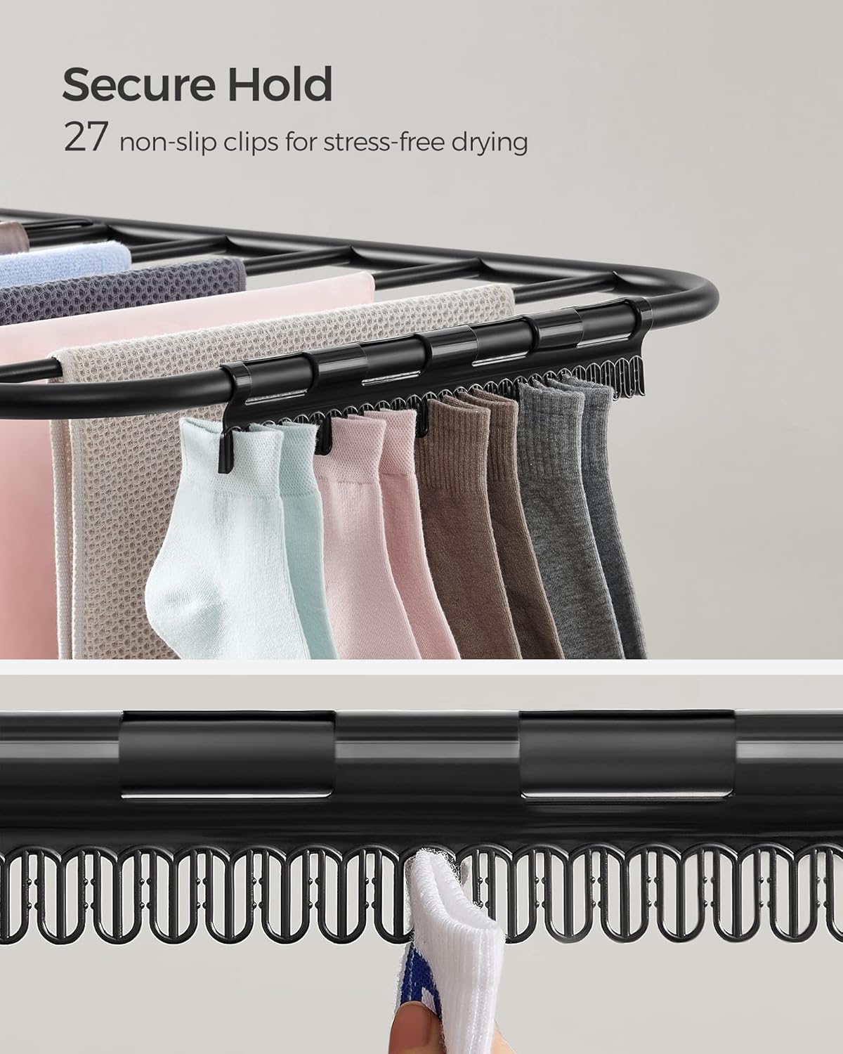 SONGMICS Clothes Drying Rack, Foldable 2-Level Laundry Drying Rack, Free-Standing Laundry Airer, with Height-Adjustable Wings, 33 Drying Rails, Sock Clips, Black ULLR053B01V1 - NestledHome