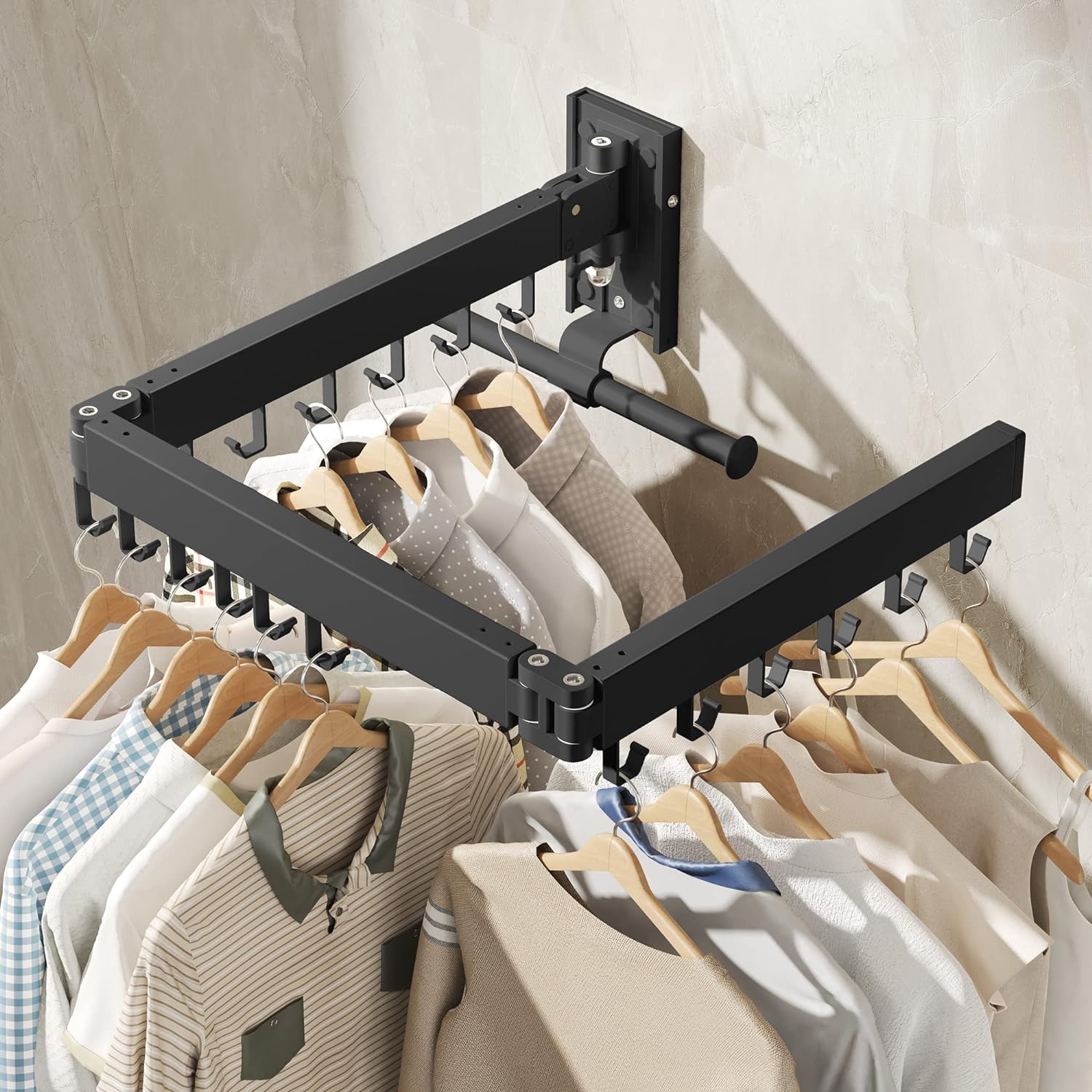 Drying Rack Clothing, Retractable Clothes Drying Rack,Wall Mounted Laundry Rack, Laundry Drying Rack Wall Mount,Collapsible Clothes Rack,can Fold Upward & Left & Right,Black Color - NestledHome