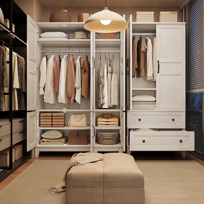 GarveeHome Armoire Wardrobe Closet with 2 Drawers,72 in Wooden Wardrobe Cabinet with Hanging Rod, Tall Clothing Armoire Cabinet with Doors and 18 Adjustable Shelves for Bedroom, Clothes, Rustic White