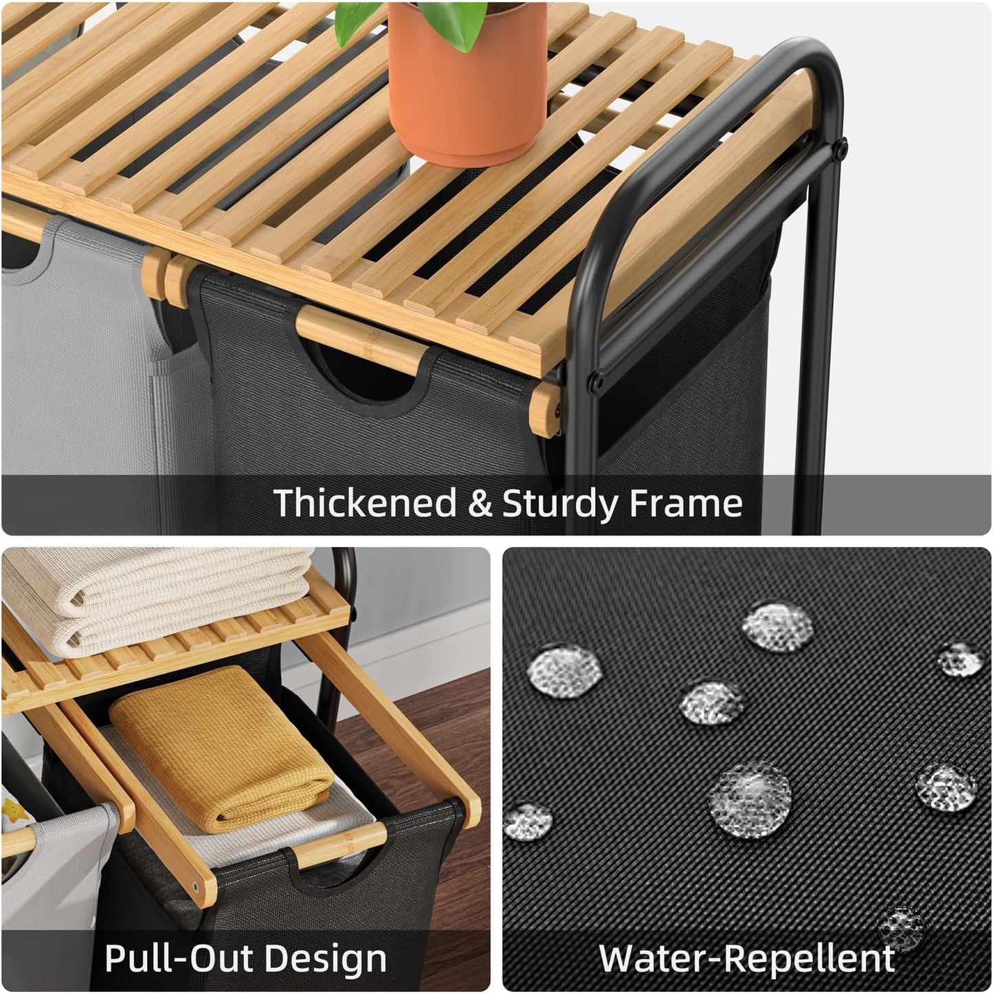 Laundry Hampers 3 Section, Laundry Sorter with Removable Shelf and Pull-Out Bags, Clothes Hampers with Wheels Rolling Cart Basket for Laundry Room Bathroom, 3 x 40 L (Black White Gray) - NestledHome
