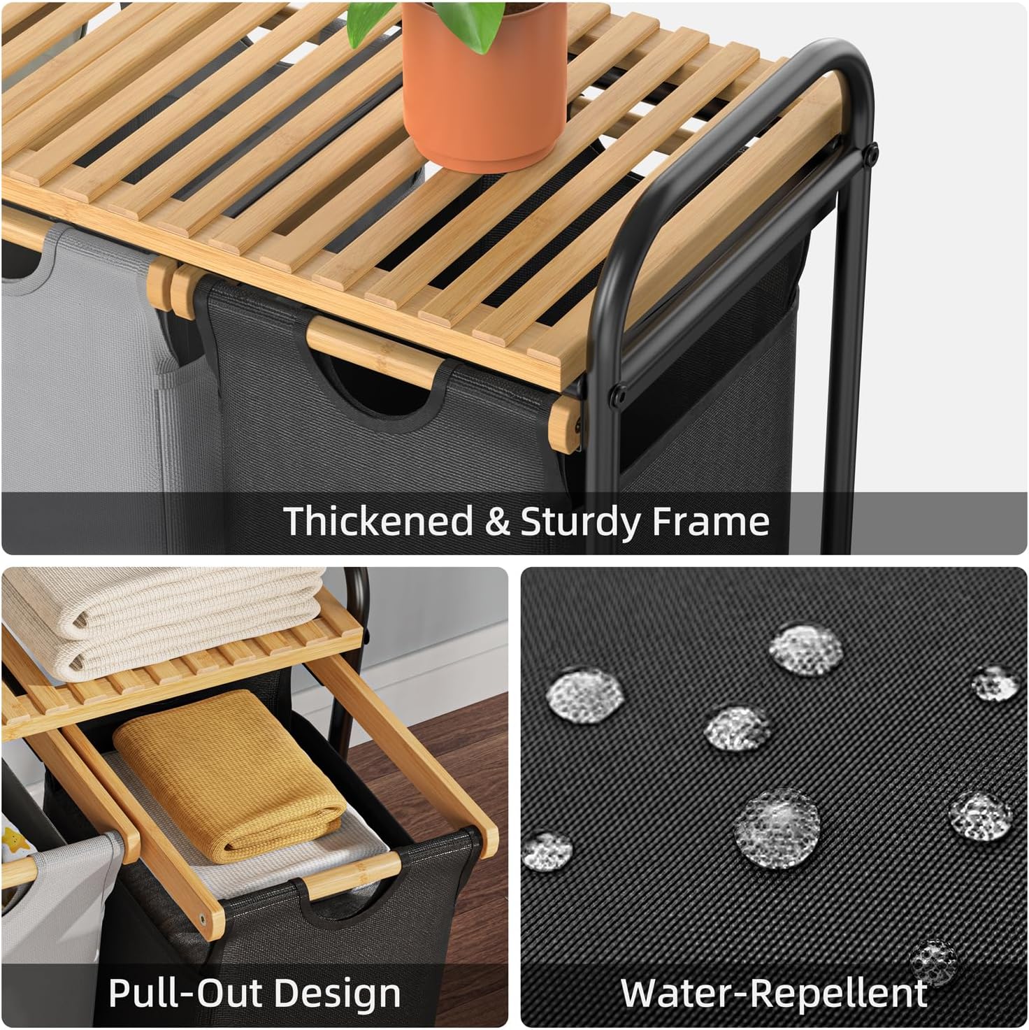 Laundry Hampers 3 Section, Laundry Sorter with Removable Shelf and Pull-Out Bags, Clothes Hampers with Wheels Rolling Cart Basket for Laundry Room Bathroom, 3 x 40 L (Black White Gray) - NestledHome