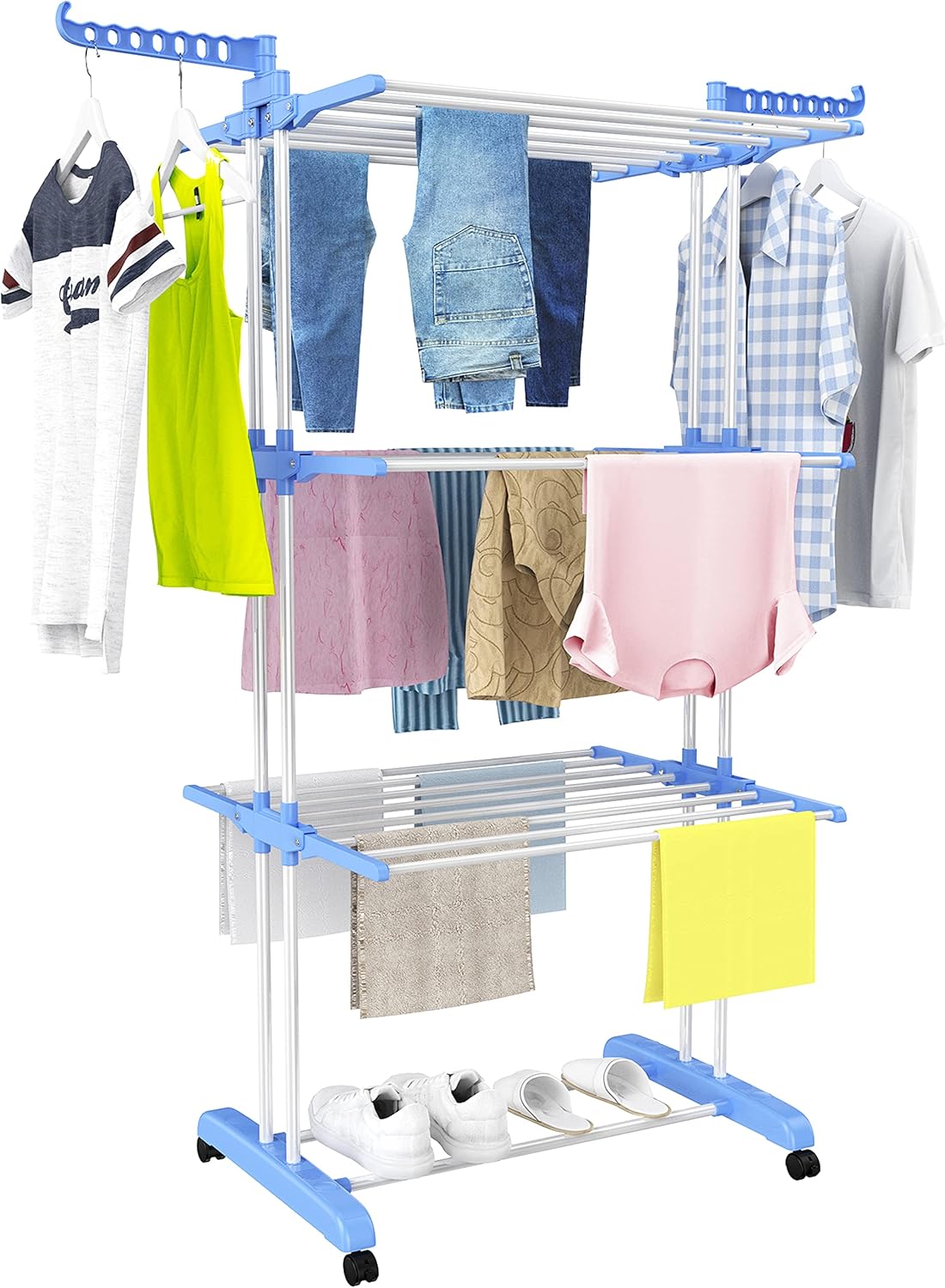 HOMIDEC Clothes Drying Rack, Large 4-Tier Foldable Drying Rack Clothing(67.7H x 19.7W x 30L Inches), Movable Drying Rack with 4 castors. Multifunctional Stainless Steel Laundry Drying Rack, Blue - NestledHome