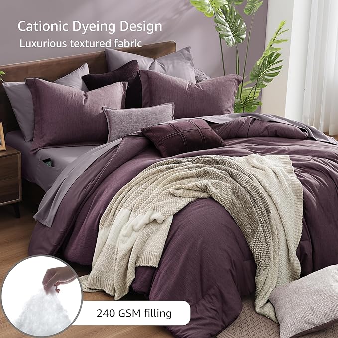 Monbix Queen Comforter Set - 7 Pieces Cationic Dyeing Italian Plum Bed in a Bag Queen Bedding Sets with Comforter, Sheets, Pillowcases & Shams, Reversible Bedding Comforters Sets