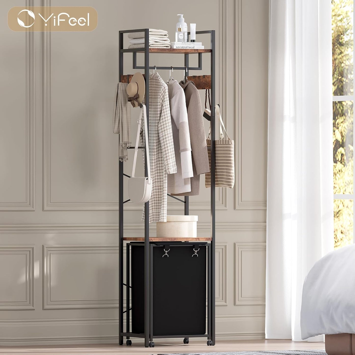 Coat Rack with Laundry Basket, Laundry Hamper Freestanding Hall Tree, Clothes Rack with Storage Shelves, 14.5 Gal Removable Bags on Wheels, Black and Brown JLH005SR - NestledHome