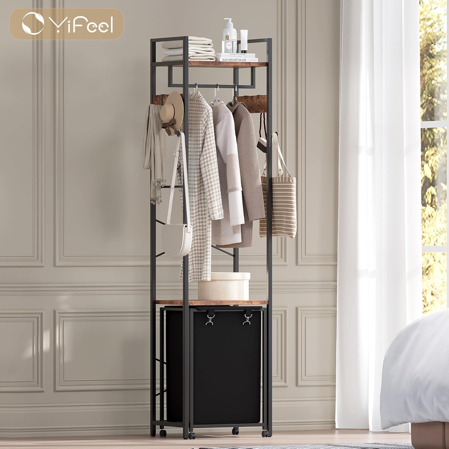 Coat Rack with Laundry Basket, Laundry Hamper Freestanding Hall Tree, Clothes Rack with Storage Shelves, 14.5 Gal Removable Bags on Wheels, Black and Brown JLH005SR - NestledHome