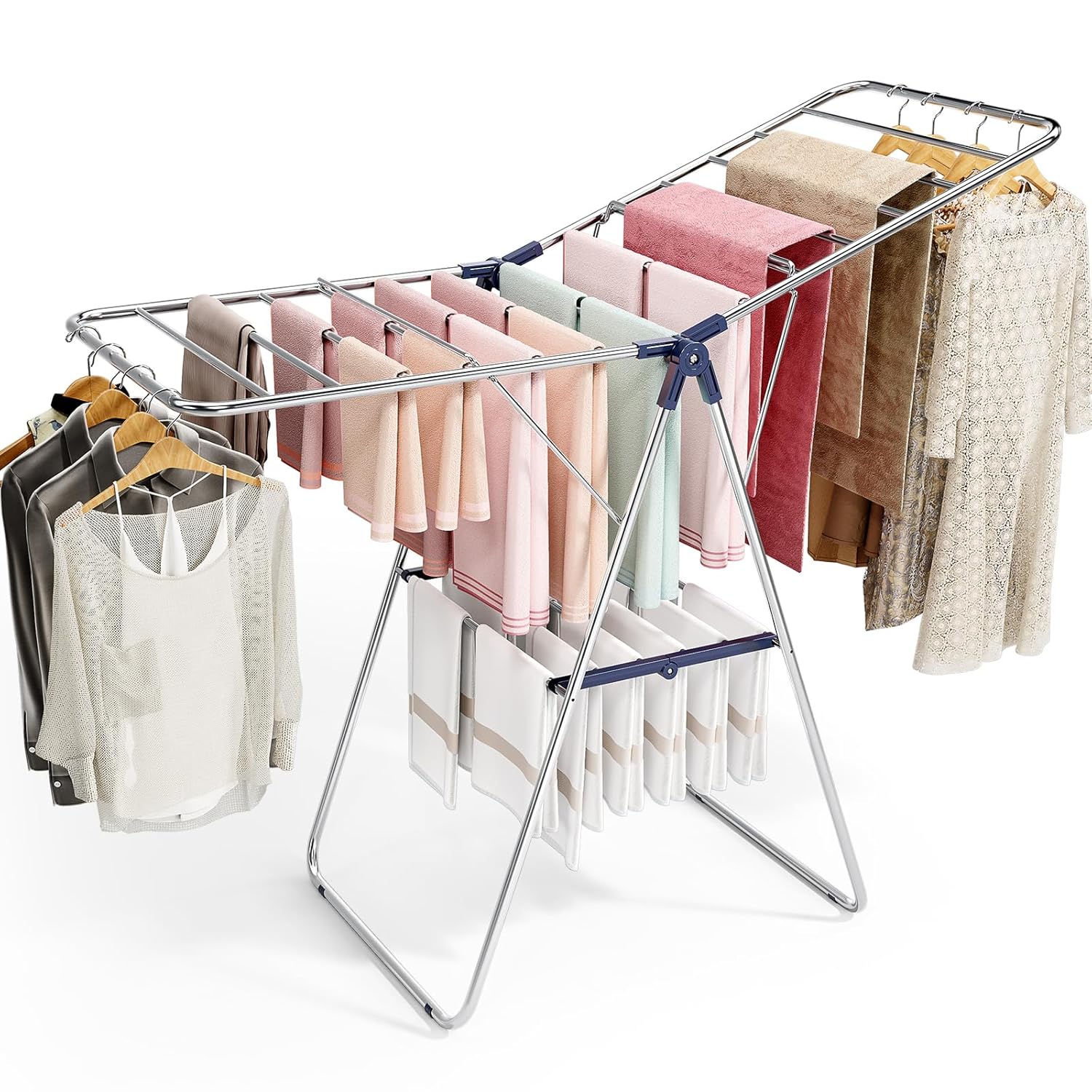 APEXCHASER Clothes Drying Rack, Drying Rack Clothing with Height-Adjustable, Foldable Gullwings Laundry Drying Rack, Indoor Outdoor Use, No Assembly - NestledHome