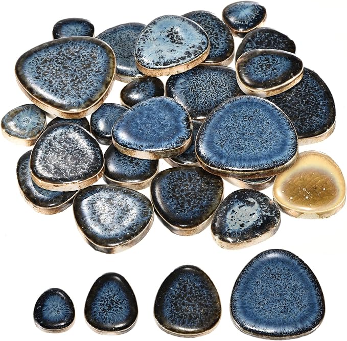 MECCANIXITY 200g Ceramic Mosaic Tiles for Crafts Bulk, Pebble Blue Glazing Ceramic Tiles for Mosaic Kits Garden Stepping Stone Cup Mat
