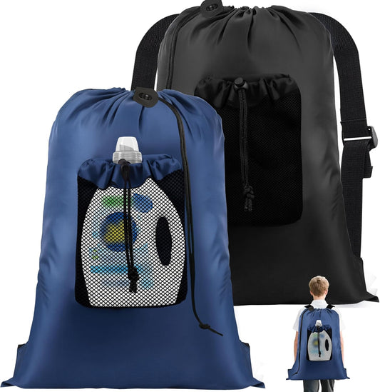 2-Pack Backpack Laundry Bags, Heavy Duty Laundry Bag Backpacks with Adjustable Shoulder Straps, Door Hanging Washing Bag, Laundry Hamper Lining for College Dorm, Travel, Laundromat - NestledHome