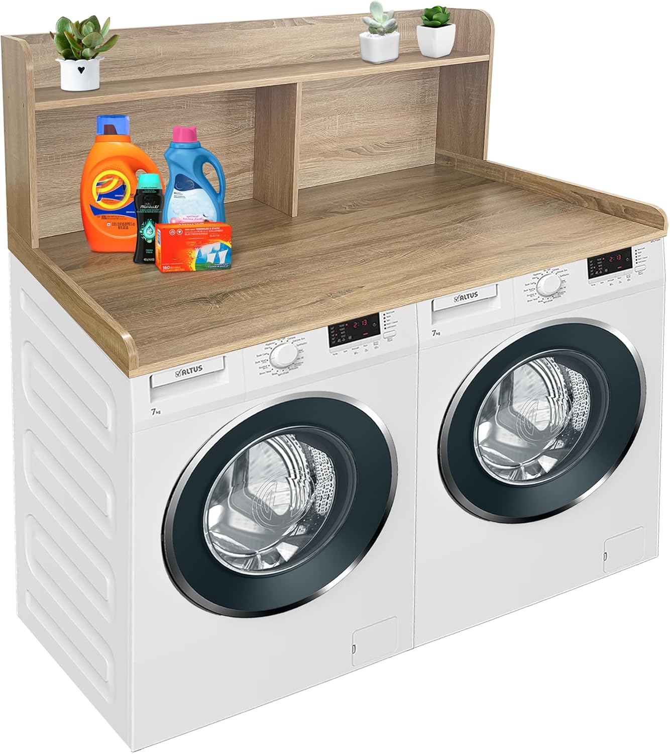 Royxen 2-Tier Washer Dryer Countertop,19.5"H Wood Washer and Dryer Topper with Shelf,Laundry Countertop Over Washer and Dryer, Universal Fit for Laundry Room Organization (White Oak, 54"W X 27.5"D) - NestledHome