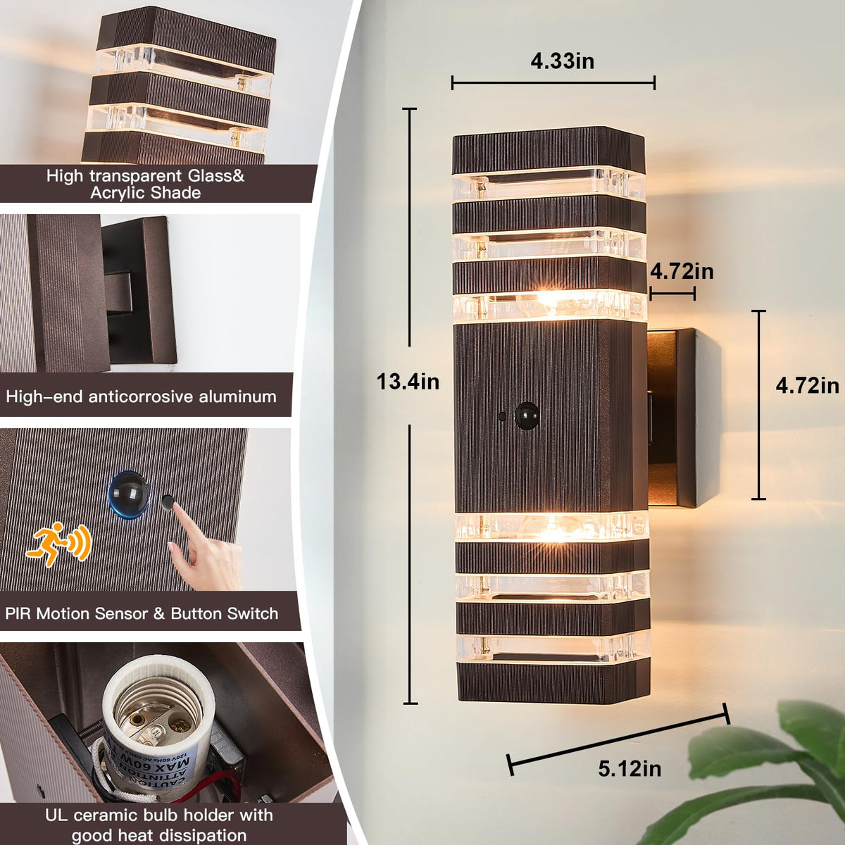 2 Pack Oil Rubbed Bronze Outdoor Wall Lights Fixtures with Motion Sensor Up Down Porch Lights Modern Dusk Dawn Exterior Sconce Wall Mount Outside Coach Lantern for House (2 Count)