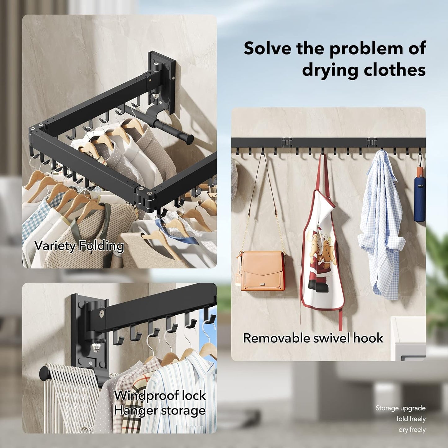 Drying Rack Clothing, Retractable Clothes Drying Rack,Wall Mounted Laundry Rack, Laundry Drying Rack Wall Mount,Collapsible Clothes Rack,can Fold Upward & Left & Right,Black Color - NestledHome