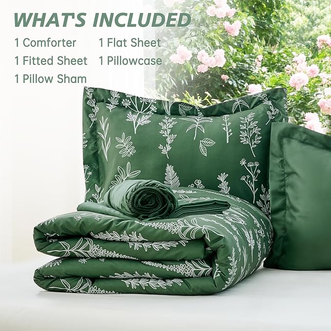 MUXHOMO Dark Green Twin Comforter Set, Elegant Floral Print Bed in a Bag 5 Pieces, Ultra Soft & Breathable Reversible Botanical Pattern Bedding Set with Comforter, Sheets, Pillowcase, and Sham