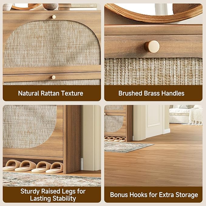 Nicetree Rattan Arched Accent Shoe Storage Cabinet - Freestanding Ultra Slim for Entryway, 2 Flip Drawers & 3-Tier Adjustable Shelves, Farmhouse Modern Rustic Shoe Rack for Hallway, Foyer, Living Room