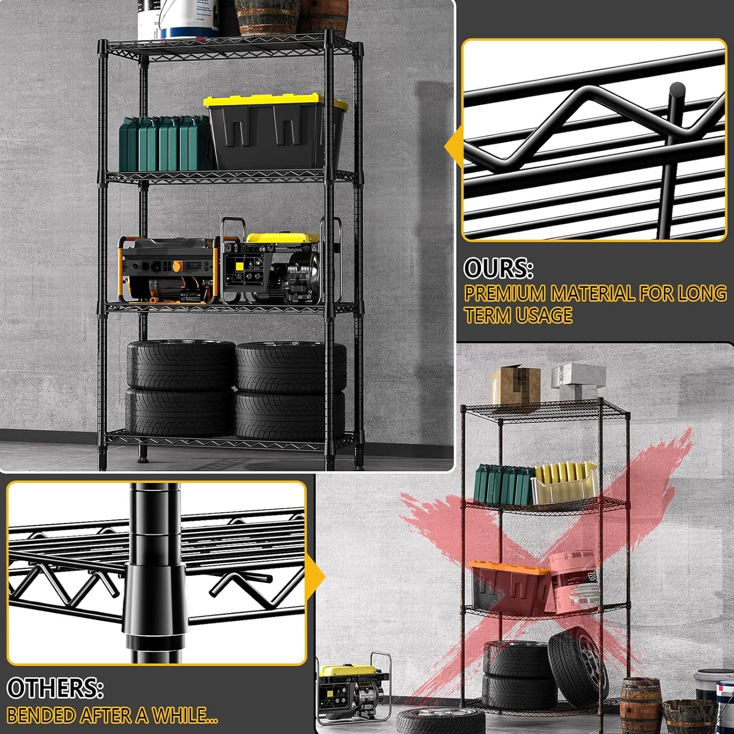 1000 lbs 4 Tier Shelf Metal Storage Shelves Shelving Wire Rack Heavy Duty Closet Organizers for Garage Kitchen Bathroom Laundry Black 13.8" D x 35.4" W x 59.5" H - NestledHome