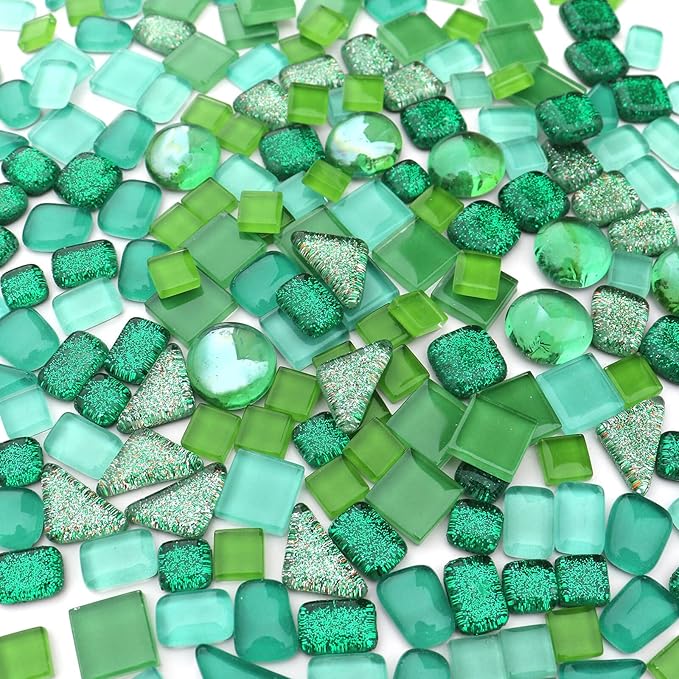 LITMIND Assorted Green Irregular Crystal Mosaic Tiles, 9oz Value Pack - Perfect for Art Crafts, Mosaic Making Projects, Home Decor, and More