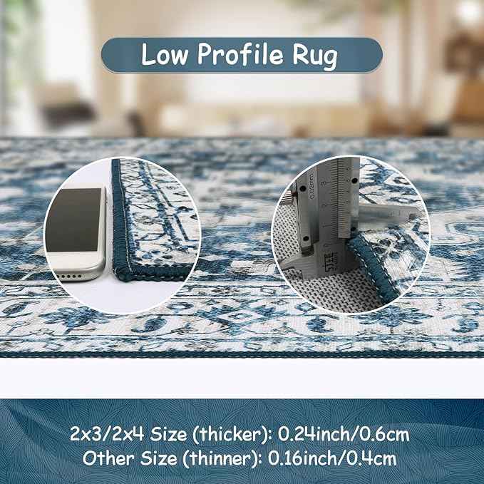 Moynesa Ultra-Thin Washable Area Rug - 5x7 Blue Rugs for Living Room Washable Rugs for Bedroom Soft Dining Room Mat, Vintage Printed Low Pile Indoor Carpet for Office Sunroom Playroom