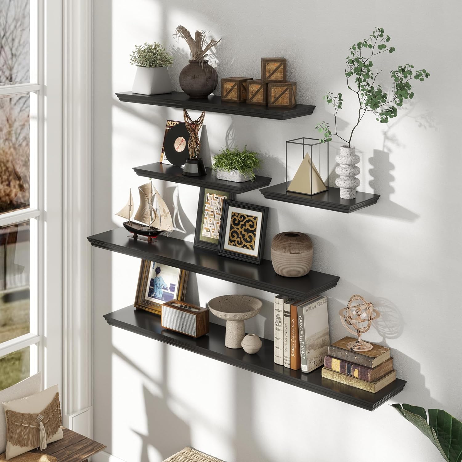 Floating Shelves for Wall, 16 Inch Wall Mounted Black Hanging Shelf for Kitchen, Living Room, Office, Bedroom, Bathroom, Retro Vintage Wood Bookshelf for House Decor - NestledHome