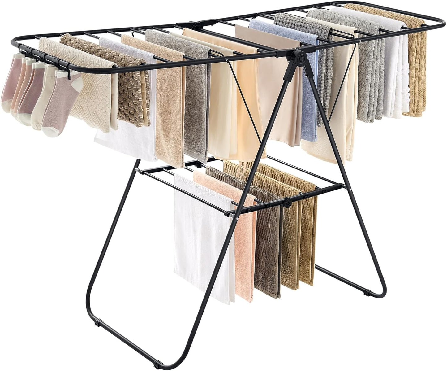 SONGMICS Clothes Drying Rack, with Sock Clips, Metal Laundry Rack, Foldable, Space-Saving, Free-Standing Airer, with 2 Height-Adjustable Gullwings, Indoor Outdoor Use, Black ULLR052B01 - NestledHome
