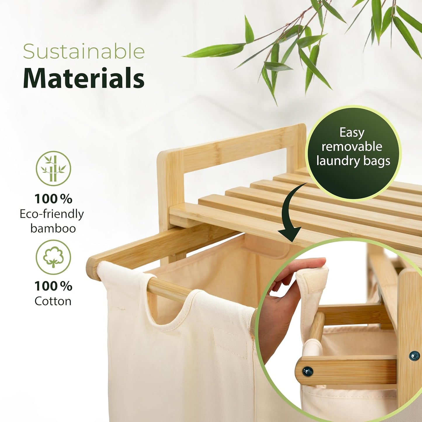Laundry basket with wheels beige - Large Bamboo Laundry Sorter with Removable Cotton Bags - 3 Section laundry room organization - Durable, Eco-Friendly, and Stylish Storage Solution for Home - NestledHome
