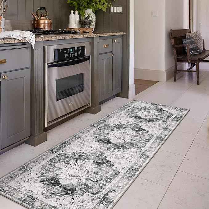 Moynesa Ultra-Thin Washable Runner Rug 2x7 for Hallway Non-Slip, Grey Kitchen Runner Rugs with Rubber Backing, Long Non Shedding Low Pile Bedroom Bedside Carpet for Bathroom Laundry Living Room