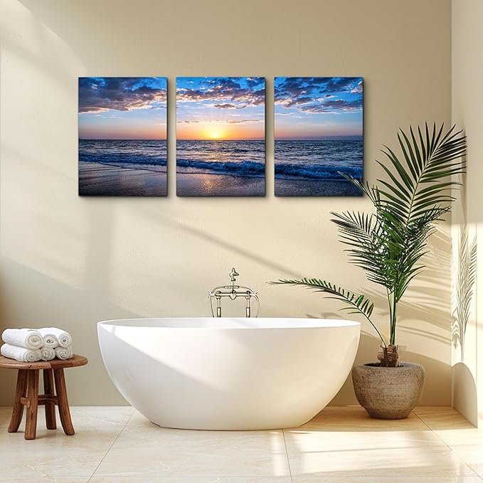 Canvas Wall Art For Living Room Sunrise Blue Sea View Landscape Wall Decor Canvas Prints Artwork Ocean Ready To Hang For Modern Bedroom Bathroom Office Home Decoration 20" X 28" 3 Pieces Framed Panels