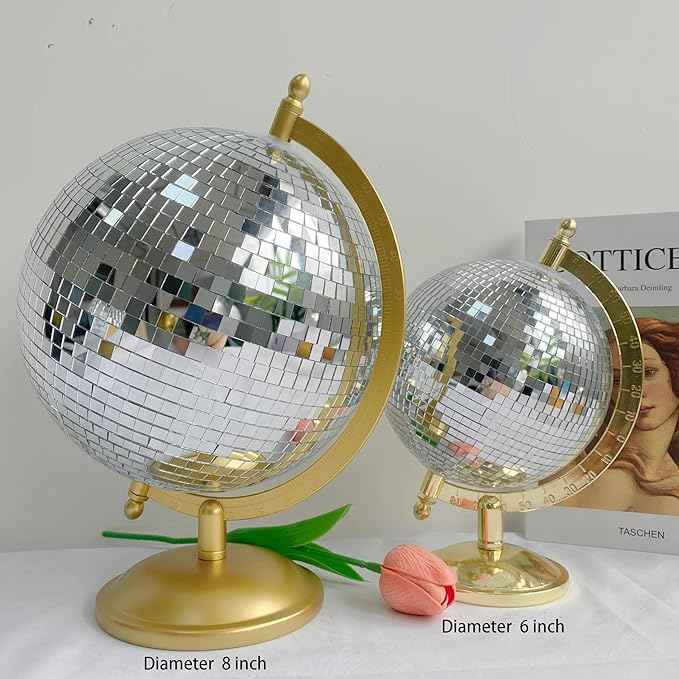 Disco Ball Globe Home Decor Statues Classic Tabletop Art Sculpture Gold Discoball Unique Western Modern Decorative Aesthetic Sculptures, 6.5" x 6" x 9",Bright Gold