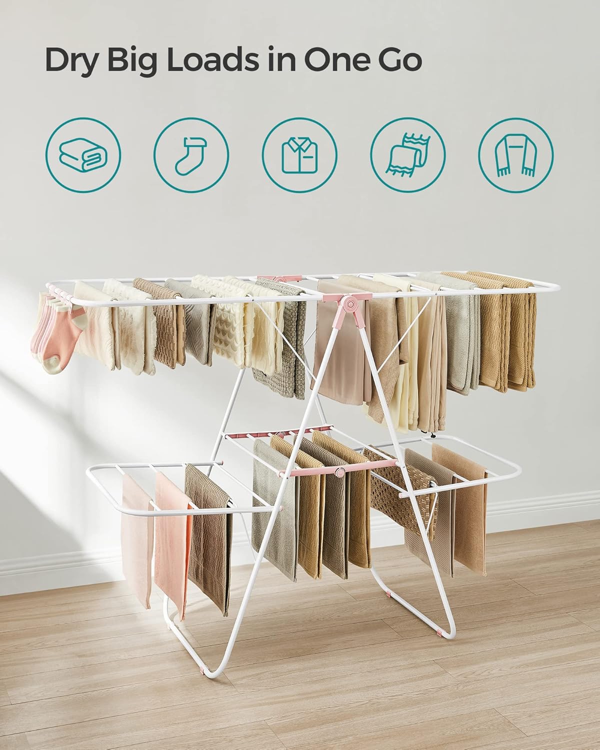 SONGMICS Clothes Drying Rack, Foldable 2-Level Laundry Drying Rack, Free-Standing Laundry Airer, with Height-Adjustable Wings, 33 Drying Rails, Sock Clips, White and Pink ULLR053P01V1 - NestledHome
