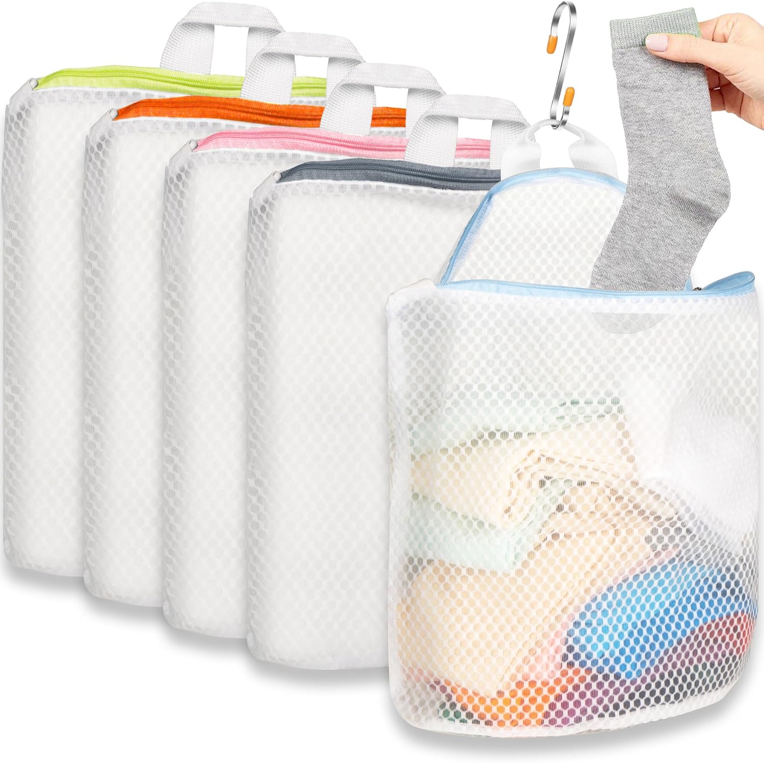 5Pcs Hanging Laundry Bags for Socks with S Hooks, 5 Color Mesh Laundry Bags for Washing Machine - NestledHome