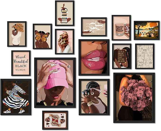 ANERZA 16 PCS Framed Black Girl Wall Art Decor, African American Wall Prints for Bedroom, Black Woman Gallery Wall Frame Set, Black People Posters for Living Room Aesthetic, Collage Kit, Dorm Artwork