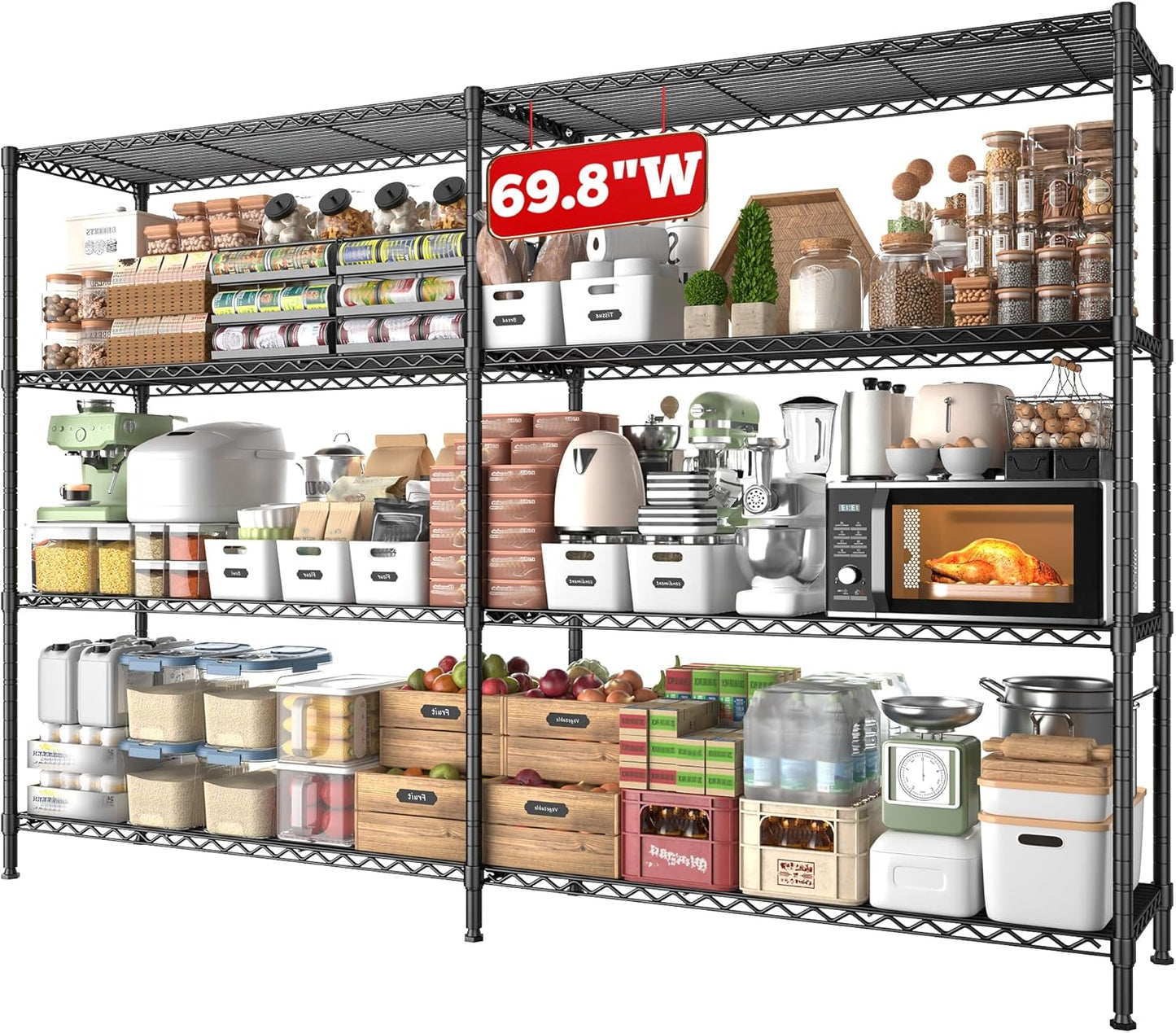 REIBII 69.8" W Storage Shelves 1250LBS Wire Shelving Unit 4 Tier Metal Shelving for Storage Rack Shelves Adjustable Heavy Duty Garage Shelf Pantry Shelves Kitchen Shelving, 69.8"Wx15.8"Dx62.9"H,Black - NestledHome