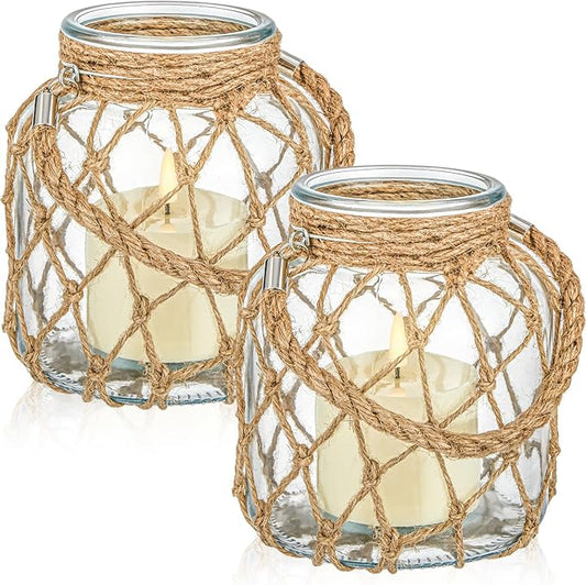 2 Set Nautical Candle Lantern with Rope Handle Coastal Glass Jar Battery Operated LED Flameless Lantern for Room Party Sea Beach House Table Centerpieces Decoration 5.5" x 5.5" x 6.3"