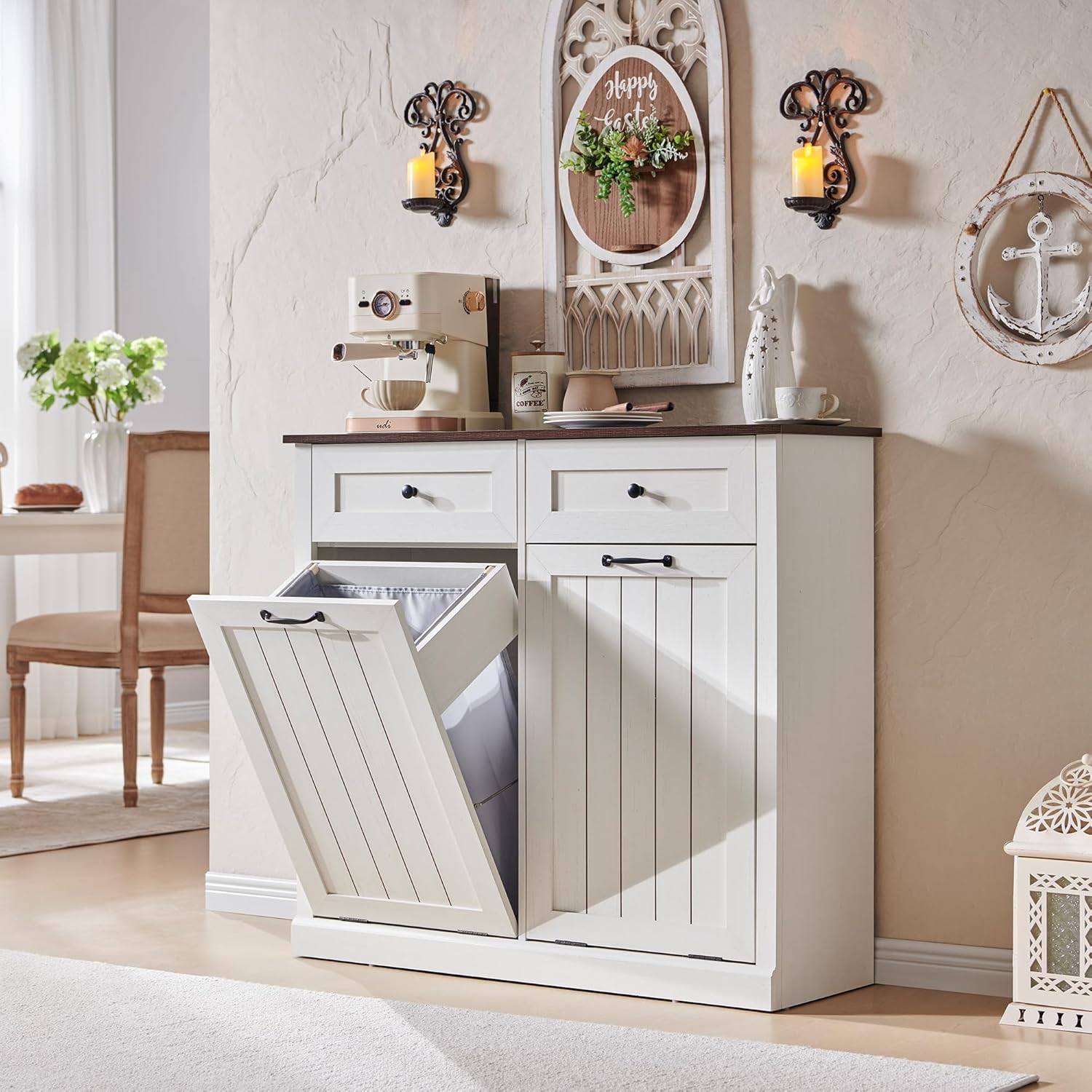 Double Tilt Out Laundry Hamper Cabinet, 20 Gallon Farmhouse Trash Can Cabinet with Drawer, Hidden Wood Garbage Can Bin Cabinets with Laundry Storage Basket for Bathroom, Kitchen (Antique White) - NestledHome