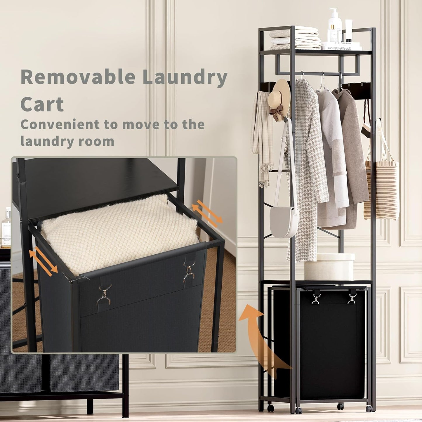 Coat Rack with Laundry Basket, Laundry Hamper Freestanding Hall Tree, Clothes Rack with Storage Shelves, 14.5 Gal Removable Bags on Wheels, Black JLH005B - NestledHome