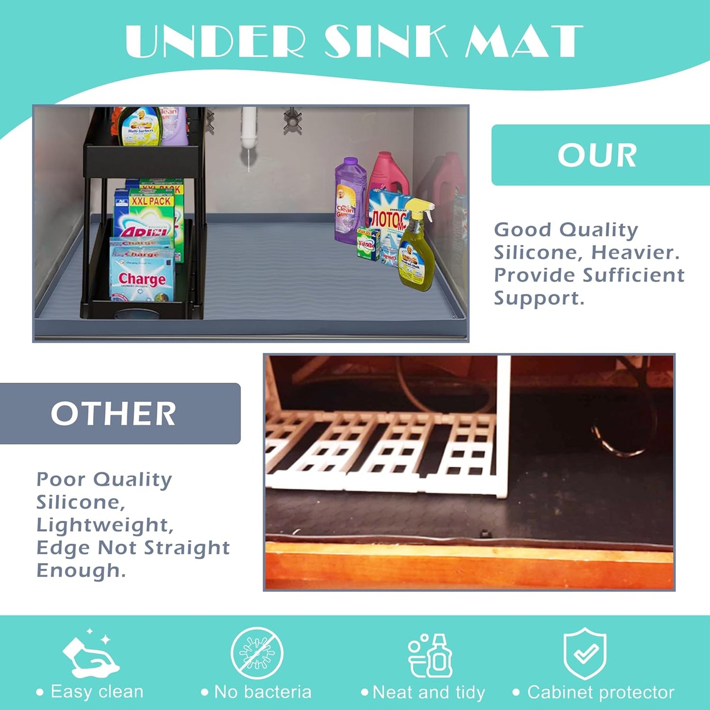 URMONA Waterproof Silicone Under Sink Mat 31'' x 22'' Shelf Liner for Kitchen and Bathroom, Cabinet and Counter Protector, Storage and Organizers, Litter Mat, Pet Cat Puppy Essentials(Beige) - NestledHome