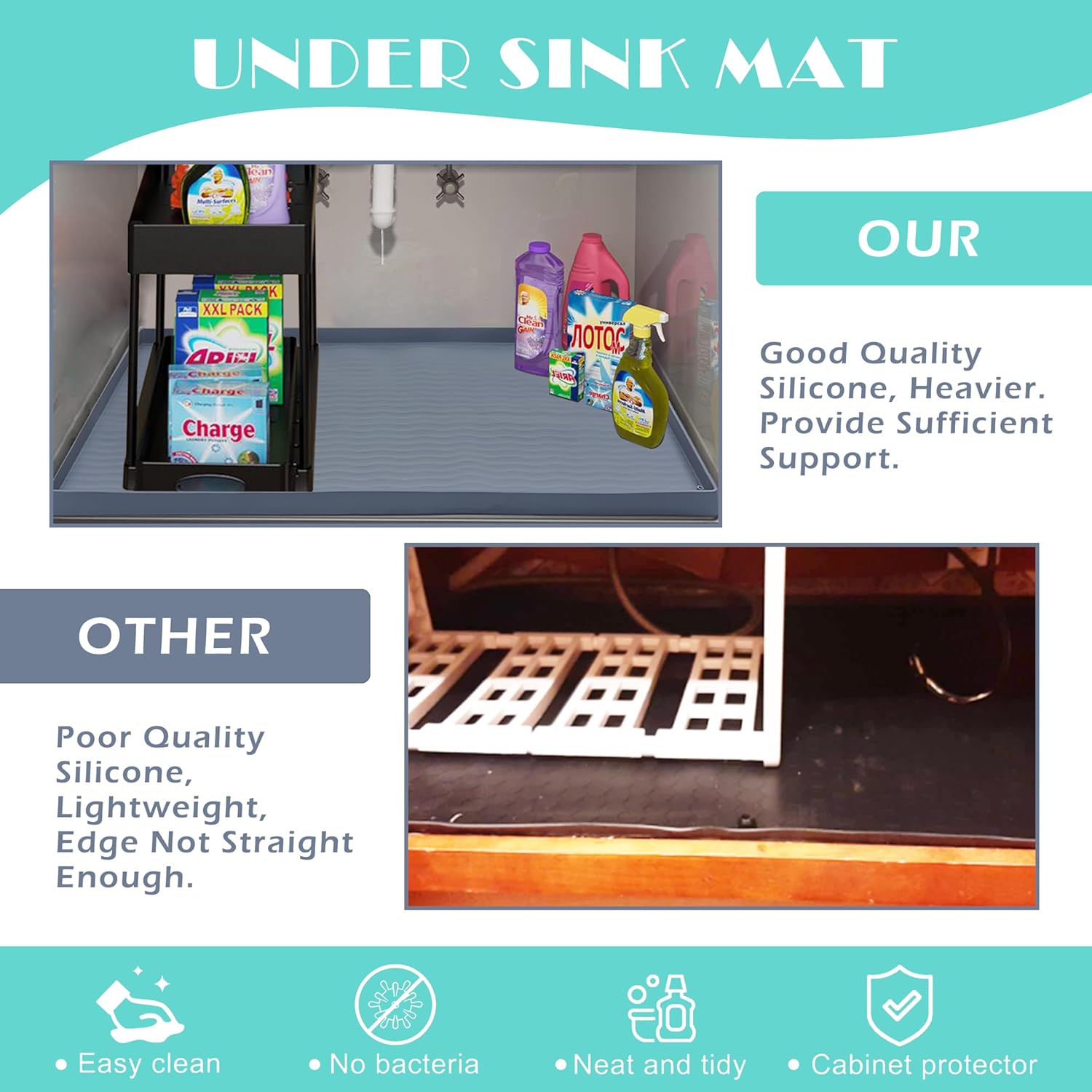 URMONA Waterproof Silicone Under Sink Mat 40'' x 22'' Shelf Liner for Kitchen and Bathroom, Cabinet and Counter Protector, Storage and Organizers, Litter Mat, Pet Cat Puppy Essentials(Black) - NestledHome