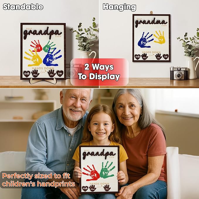 10" Hands Down Best Grandpa Ever DIY Handprint Kids Gifts Frame with Paints, Grandpa Crafts from Grandkids Family Keepsake Plaque Birthday Gift Father's Day for Pops, Papa HF610