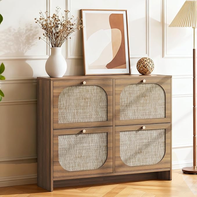 Nicetree Rattan Arched Accent Shoe Storage Cabinet - Freestanding Ultra Slim for Entryway, 4 Flip Drawers & 3-Tier Adjustable Shelves, Farmhouse Modern Rustic Shoe Rack for Hallway, Foyer, Living Room