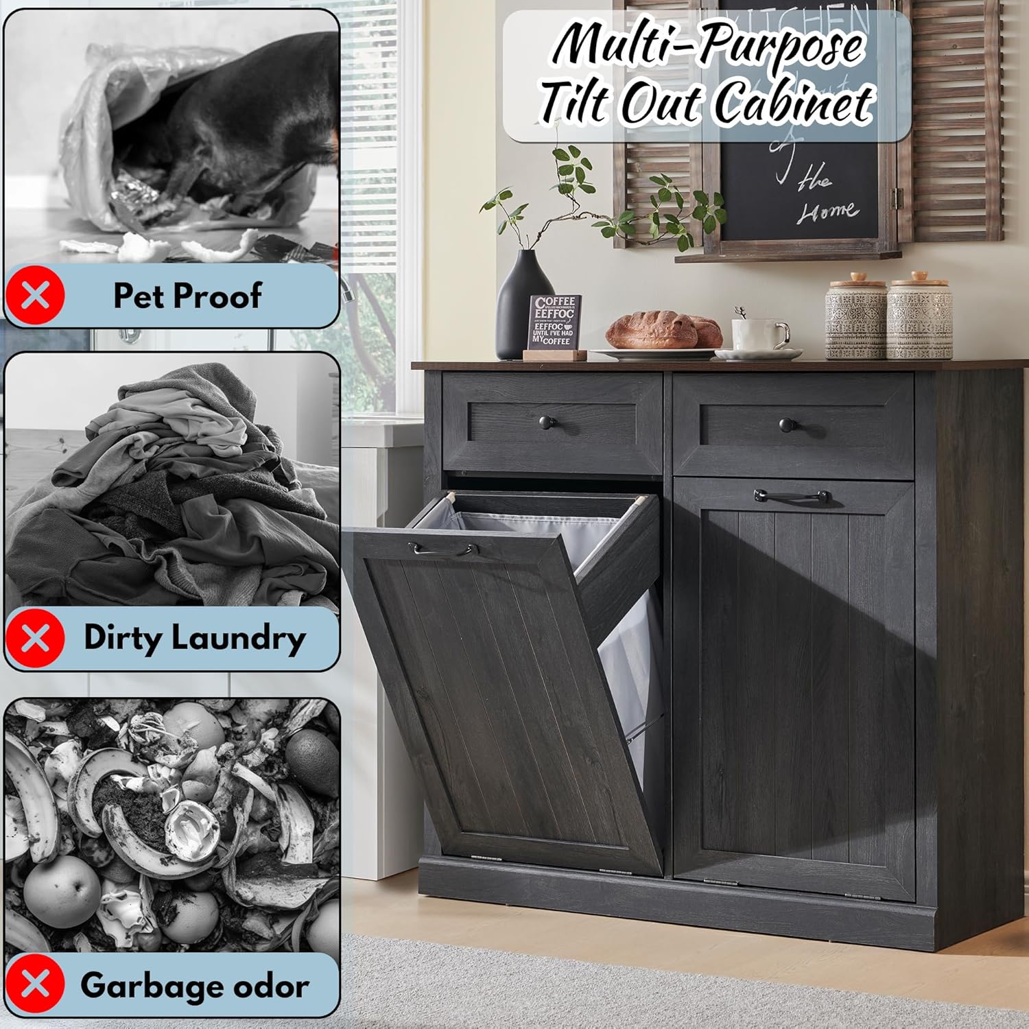 Double Tilt Out Laundry Hamper Cabinet, 20 Gallon Farmhouse Trash Can Cabinet with Drawer, Hidden Wood Garbage Can Bin Cabinet with Laundry Storage Basket for Bathroom, Kitchen, Dark Grey - NestledHome