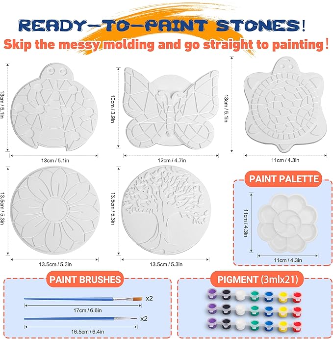 Paint Your Own Stepping Stones for Kids Craft Kits,Arts and Crafts for Kids Ages 4-8,5 Pack Painting Crafts for Girls Ages 8-12，Outdoor Toys Art Supplies Toddler Birthday Easter Gift (Multicolored)