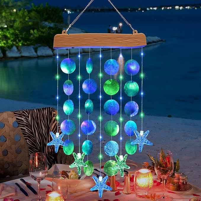 Toodour Solar Wind Chimes for Outside, Birthday Gifts for Women Mom Grandma, Waterproof 2 Modes Shells Solar Powered Outdoor Lights for Patio Holiday Garden Porch Yard Outdoor Decor - Blue & Green