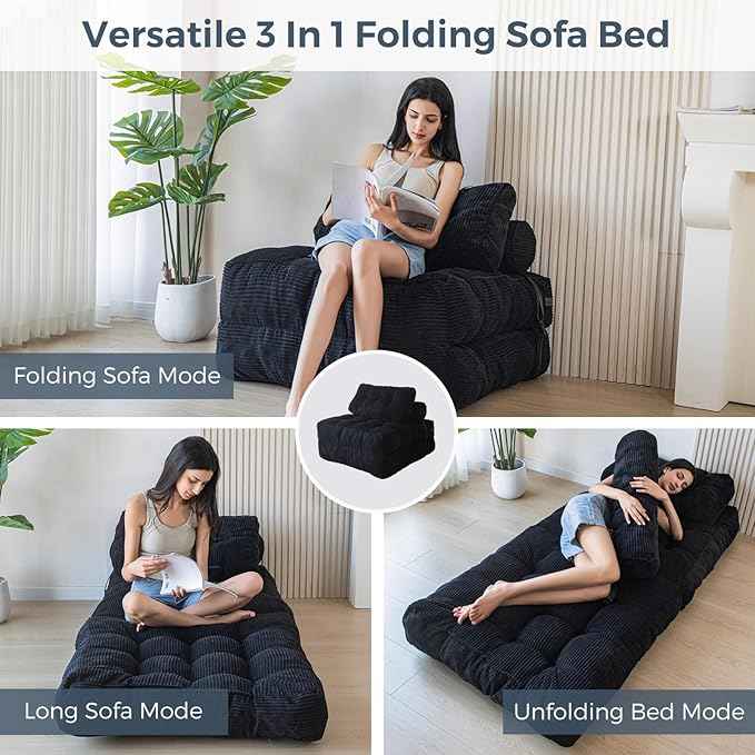 MAXYOYO Folding Sofa Bed, Convertible Sleeper Chair with Pillow Foldable Mattress with Back Support, Portable Fold Out Chair Bed Comfy Floor Sofa Lounge for Living Room Bedroom, Black, Single
