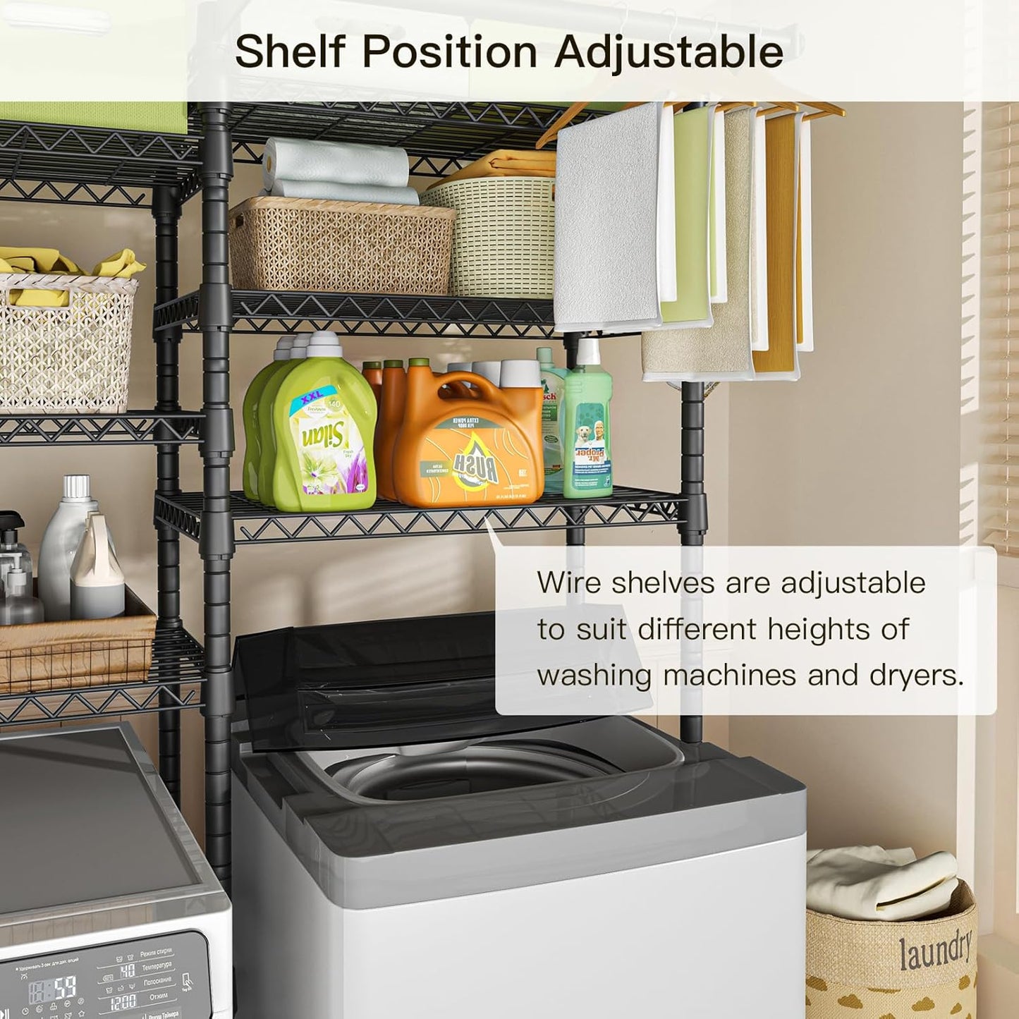 Ulif U13 Medium Over Washer and Dryer Storage Shelves, 6 Tiers Laundry Room Standing Shelf with 2 Hanger Rods, Space Saver Clothes Drying Rack, 57.8" W x 22" D x 77.4" H, Black - NestledHome