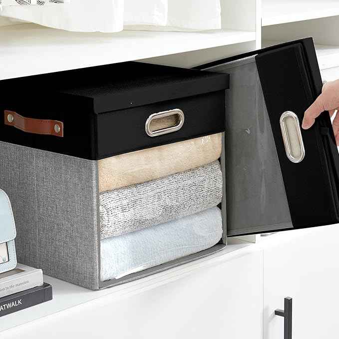 Fabric Storage Cubes with Clear Windows and Lids 11'' Foldable Storage Bins with 3 Handles, Decorative Storage Boxes for Home, Bedroom, Closet, Office (Black&Gray)