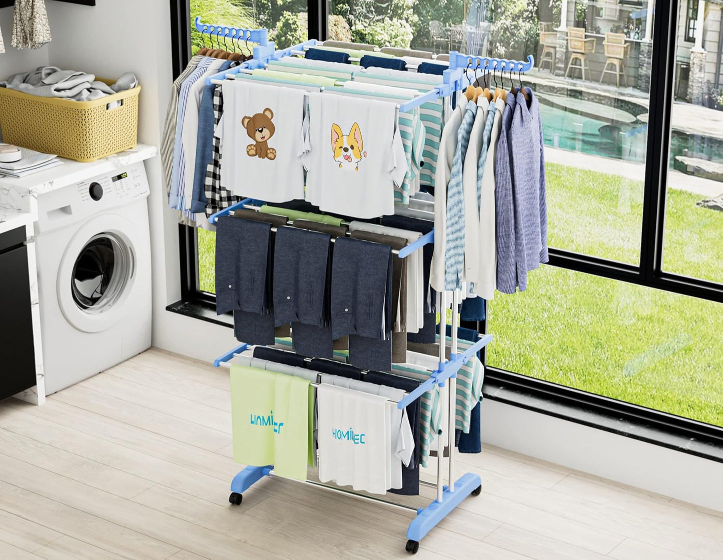 HOMIDEC Clothes Drying Rack, Large 4-Tier Foldable Drying Rack Clothing(67.7H x 19.7W x 30L Inches), Movable Drying Rack with 4 castors. Multifunctional Stainless Steel Laundry Drying Rack, Blue - NestledHome