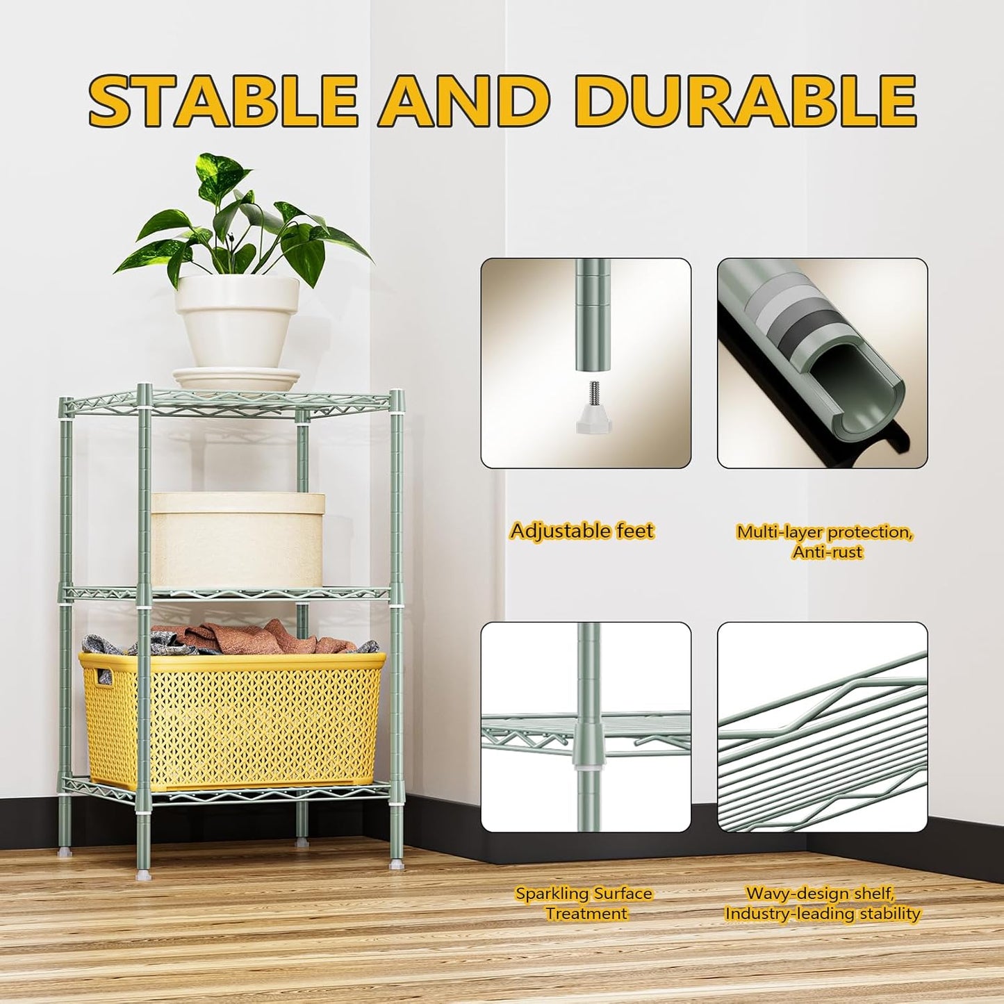 750 lbs 3-Shelf Storage Shelves Wire Shelving Unit Standing Metal Rack for Small Places Narrow Wire Rack for Bathroom, Green 13.8 D x 13.8" W x 25.5" H - NestledHome