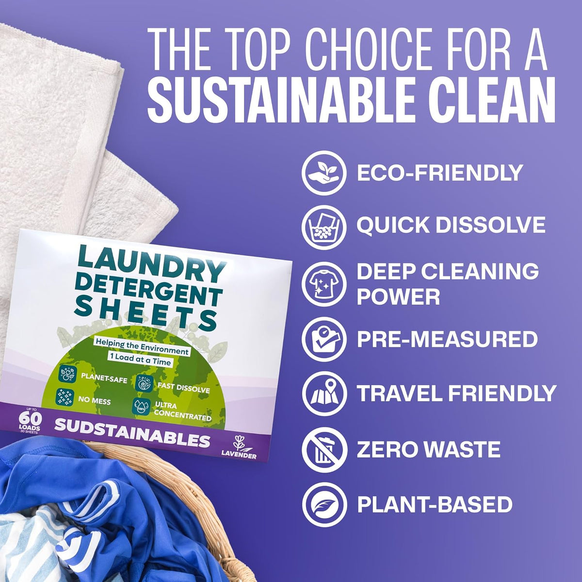 Sudstainables Laundry Detergent Sheets (60 Loads) – Eco-Friendly, Zero Waste, Plastic-Free Laundry Washing Machines Soap Sheets; Dissolvable, Space-Saving Strips for Travel (Lavender) - NestledHome