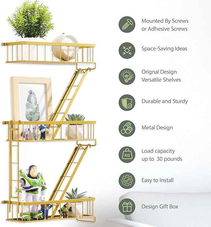 Fire Escape Wall Shelf Gold - New York Decorative Ladder Shelf, Metal Decorative Shelving for Living Room, Home Décor, Action Figure Display (3-Tier)
